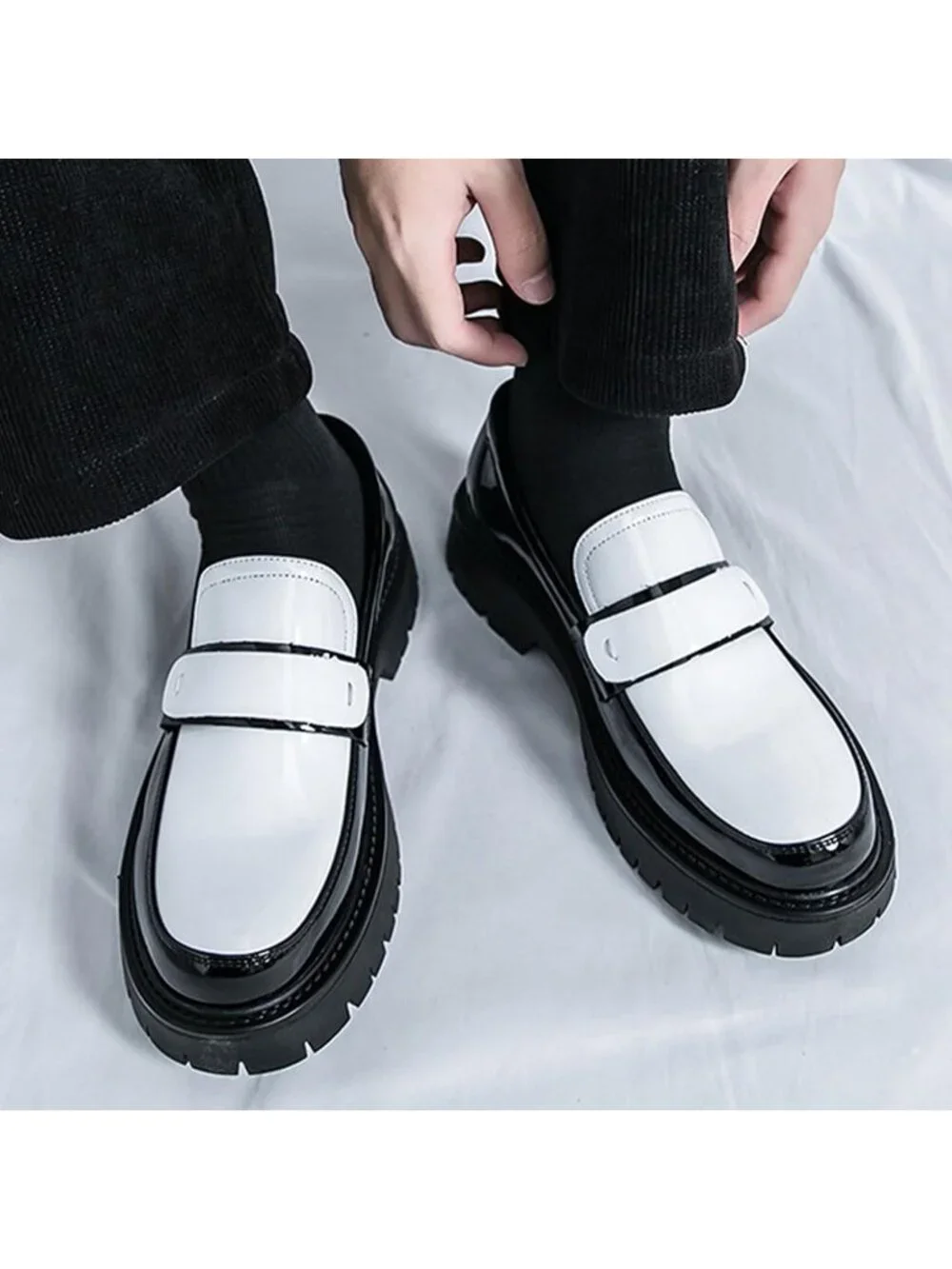Men's White Black Chunky Platform Loafer Slip On Business Casual Dress Shoes